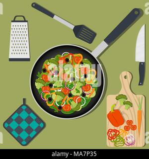 Cooking healthy vegan food on the kitchen table, ingredients and utensils. Pan with vegetables, knife, spatula, oven mitts, grater. Vector illustratio Stock Vector