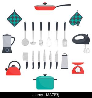 Kitchen utensils and appliances, set. Frying pan, saucepan, kettle, mixer, blender scales, oven mitts, ladle, spatula, whisk skimmer spoon grater kitc Stock Vector