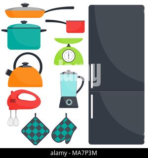Kitchen utensils and appliances, set. Fridge, frying pan, saucepan, kettle, mixer, blender scales oven mitts Vector flat illustration Stock Vector