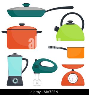 Kitchen utensils, set. Frying pan, saucepan, kettle, mixer blender scales Vector flat illustration Stock Vector