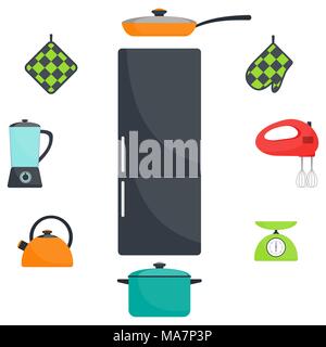 Kitchen utensils and appliances, set. Fridge, frying pan, saucepan, kettle, mixer, blender scales oven mitts Vector flat illustration Stock Vector