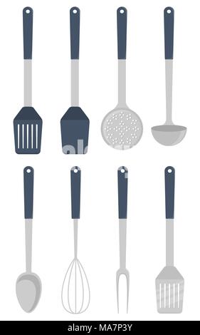 Kitchen utensils, set. Ladle, spatula, whisk skimmer spoon vector illustration isolated Stock Vector
