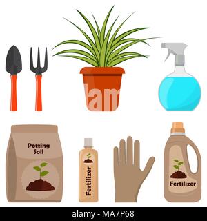 Potted plant. Potting soil, various fertilizers in bottles and spray gun, gardening tools. Vector illustration in flat style Stock Vector