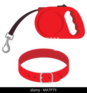 Retractable leash and collar for dog. Modern roulette lead for pets. Animal accessories for walk. Cartoon vector illustration Stock Vector