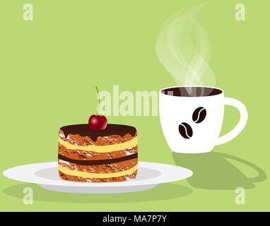 Cup of fragrant steaming coffee and cake with cherry on a saucer. Vector illustration in flat style Stock Vector