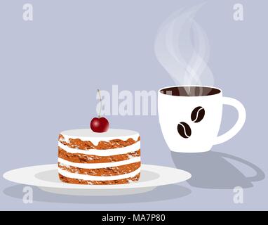 Cup of fragrant steaming coffee and cake with cherry on a saucer. Vector illustration in flat style Stock Vector
