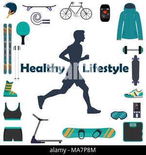 Silhouette of a running man, surrounded by icons of sports equipment for different sports. Healthy lifestyle illustration icon set for infografics Stock Vector