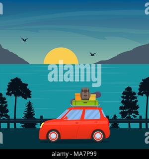 Cute cartoon red car with surfboard and suitcases on road with sea, sun and mountains behind. Family trip by car. Vector flat illustration Stock Vector