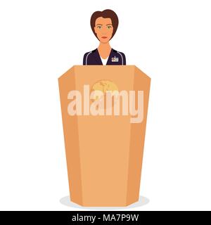 Woman in a business suit stands on a podium in front of the microphones. Woman orator speaking from tribune. Vector illustration Stock Vector