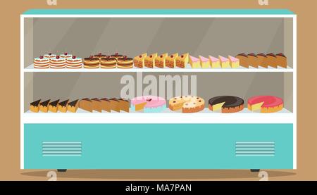 Refrigerator with shelves and cakes on it. Various pastries and cakes in showcase refrigerator. Vector illustration Stock Vector