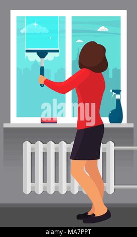 Woman washing the window with a scraper. Window cleaning. Scraper glides over the glass, making it clean. Spray glass cleaner and a sponge on windowsi Stock Vector