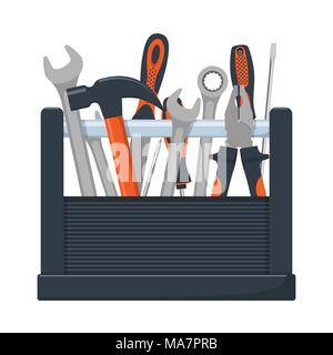 Tool box with collection of carpentry, mechanic, locksmith tools. Wrench, screwdriver, hammer, rasp, pliers Vector illustration isolated Stock Vector