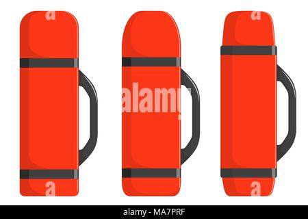 Modern thermoses for hot drinks, set. Flasks of different shapes. Vector illustration in flat style Stock Vector