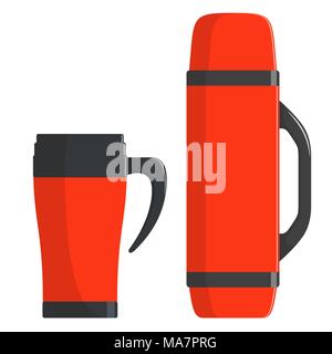 Thermo cup, travel mug, thermos isolated on white background. Modern thermoses for hot drinks, set. Flasks of different shapes. Modern Vector illustra Stock Vector