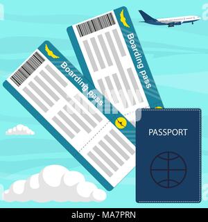 Travel concept with flight tickets, passport, airplane in the sky on background. Passport and boarding passes. Vector illustration, flat style Stock Vector