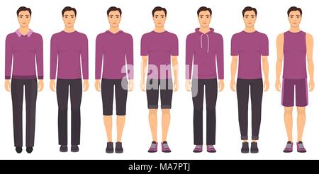 Young man standing in full growth in different clothes, formal, business, everyday, sports. Man in elegant and casual clothes. Basic wardrobe in two c Stock Vector