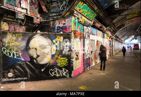 Professor Stephen Hawking street art in the Leake Street graffiti tunnel below Waterloo Station in Lambeth, London, UK Stock Photo