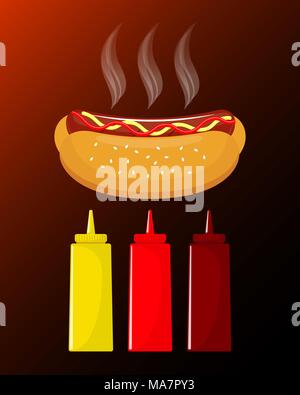 Hot dog with sausage and ketchup. Delicious hot dog and sauce bottles with ketchup, mustard, barbecue sauce. Classic fast food. Vector illustration Stock Vector