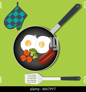 Traditional Breakfast. Scrambled eggs with vegetables and sausage on frying pan. Vector illustration in flat style Stock Vector