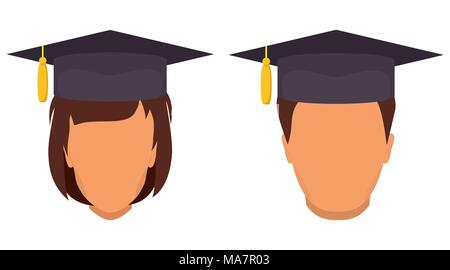 Student s graduation avatars. Man and woman in graduation caps. Vector illustration in flat style Stock Vector