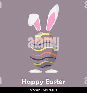 Happy easter egg with rabbit ears and paws. Easter card design. Vector illustration in flat style Stock Vector