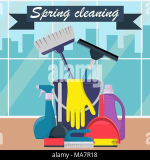 Spring cleaning concept. Bucket, scoop and brush for sweeping, washing powder, bottle of spray, sponge, brush, glass scraper, rubber gloves. Big windo Stock Vector