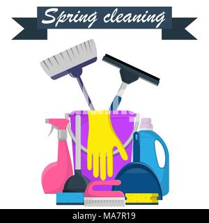 Spring cleaning concept. Bucket, scoop and brush for sweeping, washing powder, bottle of spray, sponge, brush, glass scraper, rubber gloves. Vector il Stock Vector