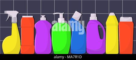 The bottles of detergent, washing powder, detergent powder, bottle of spray, a means for washing dishes. The bottles of detergent on tile background.  Stock Vector