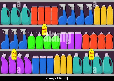 Supermarket shelves with bottles of detergent, washing powder, detergent powder, bottle of spray, a means for washing dishes. Sale, discounts. Vector  Stock Vector