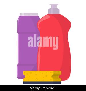 The bottles of detergent, washing powder, detergent powder, liquid soap, dish washing liquid, cleaning sponge. Cleaning services concept. Vector illus Stock Vector