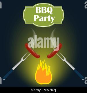 Barbecue party invitation card design template. Fire, sausage, fork. Vector illustration, flat style Stock Vector