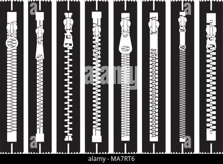 Illustration of different zippers isolated on white Stock Vector