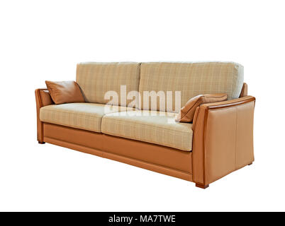 Classical leather, wood and fabric sofa isolated on white with clipping path Stock Photo