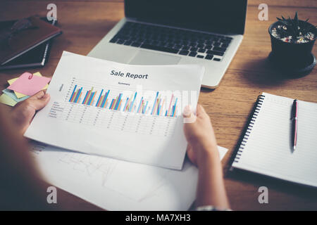 young  Businessman woman hands reviewing analyzing financial data chart. Stock Photo