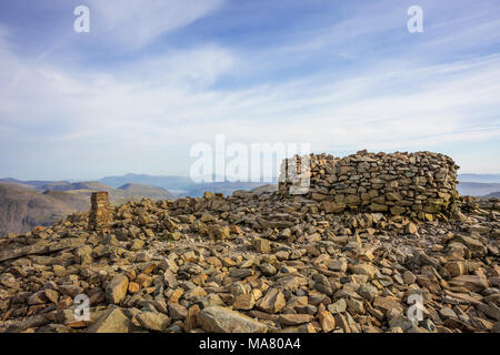Scafell Pike summit cairn & trig point, English Lake District Stock Photo