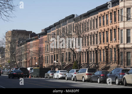 Brownstone apartments along 9th Street in the Park Slope neighborhood of Brooklyn, New York. Stock Photo