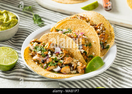 Homemade Chicken Tacos with Onion Cilantro and Cheese Stock Photo