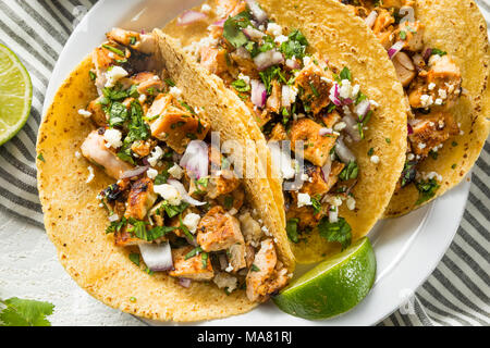 Homemade Chicken Tacos with Onion Cilantro and Cheese Stock Photo