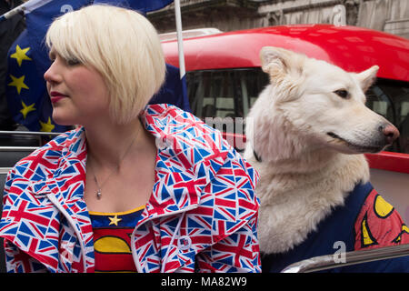 29/03/2018; London, UK; Madeleina Kay performing on the EU Superhero Day protest on an open top bus in London to promote and support the EU one year t Stock Photo