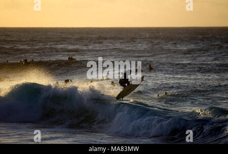 Surfing at Pipeline, North shore of Oahu Stock Photo