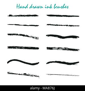 Set of hand drawn black paint, ink brush strokes, brushes, lines. Dirty artistic design elements isolated on white background Stock Vector