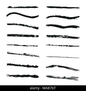 Set of hand drawn black paint, ink brush strokes, brushes, lines. Dirty artistic design elements isolated on white background Stock Vector