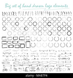 Big set of handdrawn elements with arrows, ribbons, laurels, badges, squares, circles.  Logotype templates isolated on white background and easy to us Stock Vector