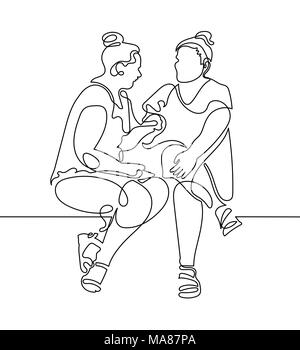continuous one line drawing of two women are sitting and talking Stock Vector
