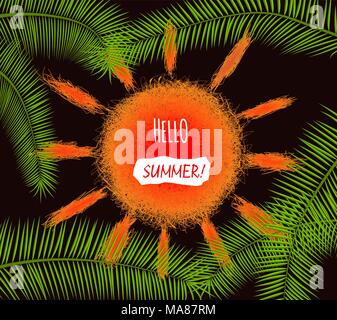 Holiday background with orange tangled sun, palm leaves and lettering Hello summer, bright vector illustration, template suitable for summer time post Stock Vector