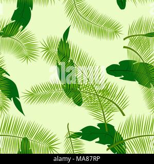 Summer fresh seamless pattern with different palm leaves in green tones, creative vector illustration Stock Vector