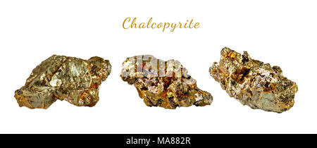 Macro shooting of natural gemstone. The raw mineral is chalcopyrite. Isolated object on a white background. Stock Photo