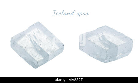 Macro shooting of natural gemstone. Raw mineral Iceland spar, Brazil. Isolated object on a white background. Stock Photo
