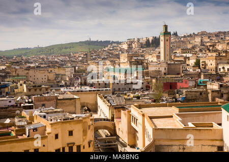 Morocco, Fes, Medina, view across rooftops towards Bab Rcif from Dar Seffarine riad Stock Photo