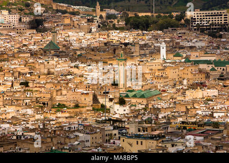 Morocco, Fes, elevated view of Fes el Bali medina and Rcif Mosque Minaret from below Borj Sud Stock Photo